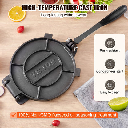 Tortillapresse, 10 Zoll Tortilla- und Roti-Maker, Hochleistungs-Tortilladora-Presse aus Gusseisen, vorgewürzter Pataconera-Maker mit 100 Stück Pergamentpapier, Teigmaschine für Mehltortilla, Tawa, Silber