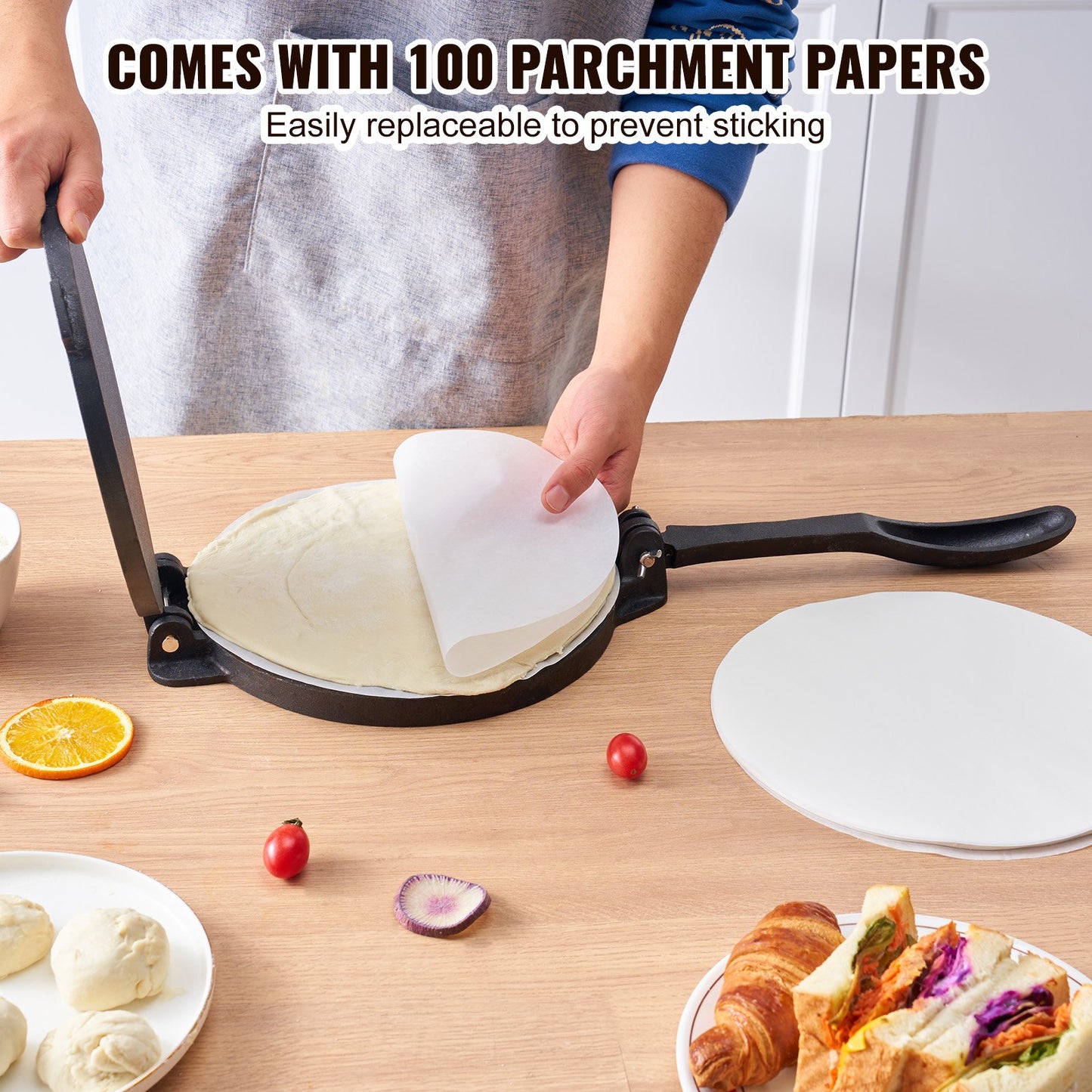 Tortillapresse, 10 Zoll Tortilla- und Roti-Maker, Hochleistungs-Tortilladora-Presse aus Gusseisen, vorgewürzter Pataconera-Maker mit 100 Stück Pergamentpapier, Teigmaschine für Mehltortilla, Tawa, Silber