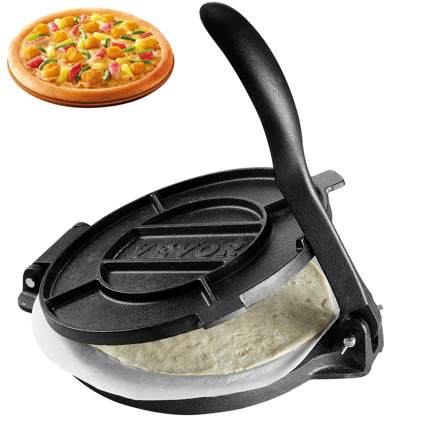 Tortillapresse, 10 Zoll Tortilla- und Roti-Maker, Hochleistungs-Tortilladora-Presse aus Gusseisen, vorgewürzter Pataconera-Maker mit 100 Stück Pergamentpapier, Teigmaschine für Mehltortilla, Tawa, Silber