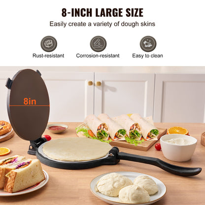 Tortillapresse, 8 Zoll Tortilla- und Roti-Maker, Hochleistungs-Tortilladora-Presse aus Gusseisen, vorgewürzter Pataconera-Maker mit 100 Stück Pergamentpapier, Teigmaschine für Mehltortilla, Tawa, Silber