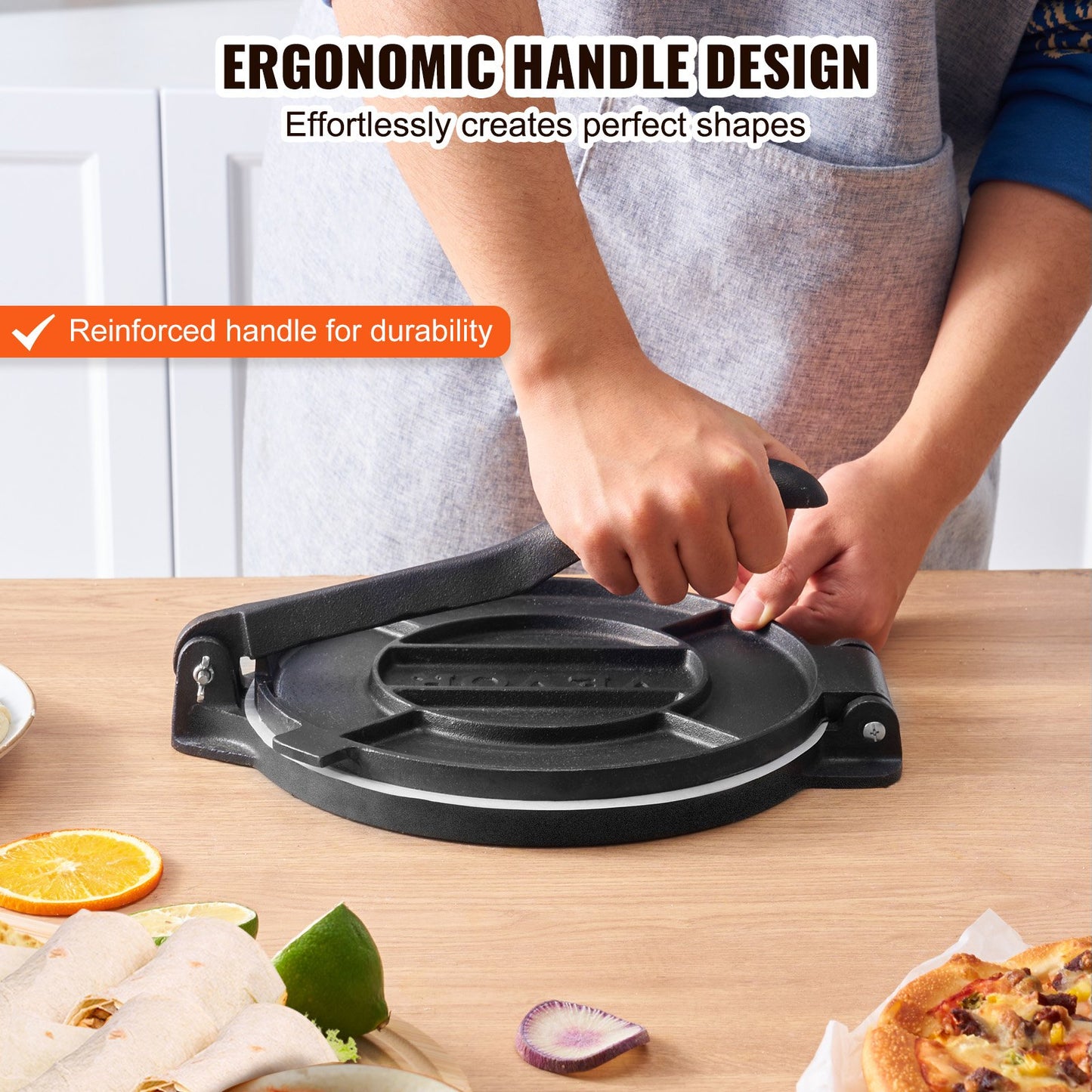 Tortillapresse, 8 Zoll Tortilla- und Roti-Maker, Hochleistungs-Tortilladora-Presse aus Gusseisen, vorgewürzter Pataconera-Maker mit 100 Stück Pergamentpapier, Teigmaschine für Mehltortilla, Tawa, Silber