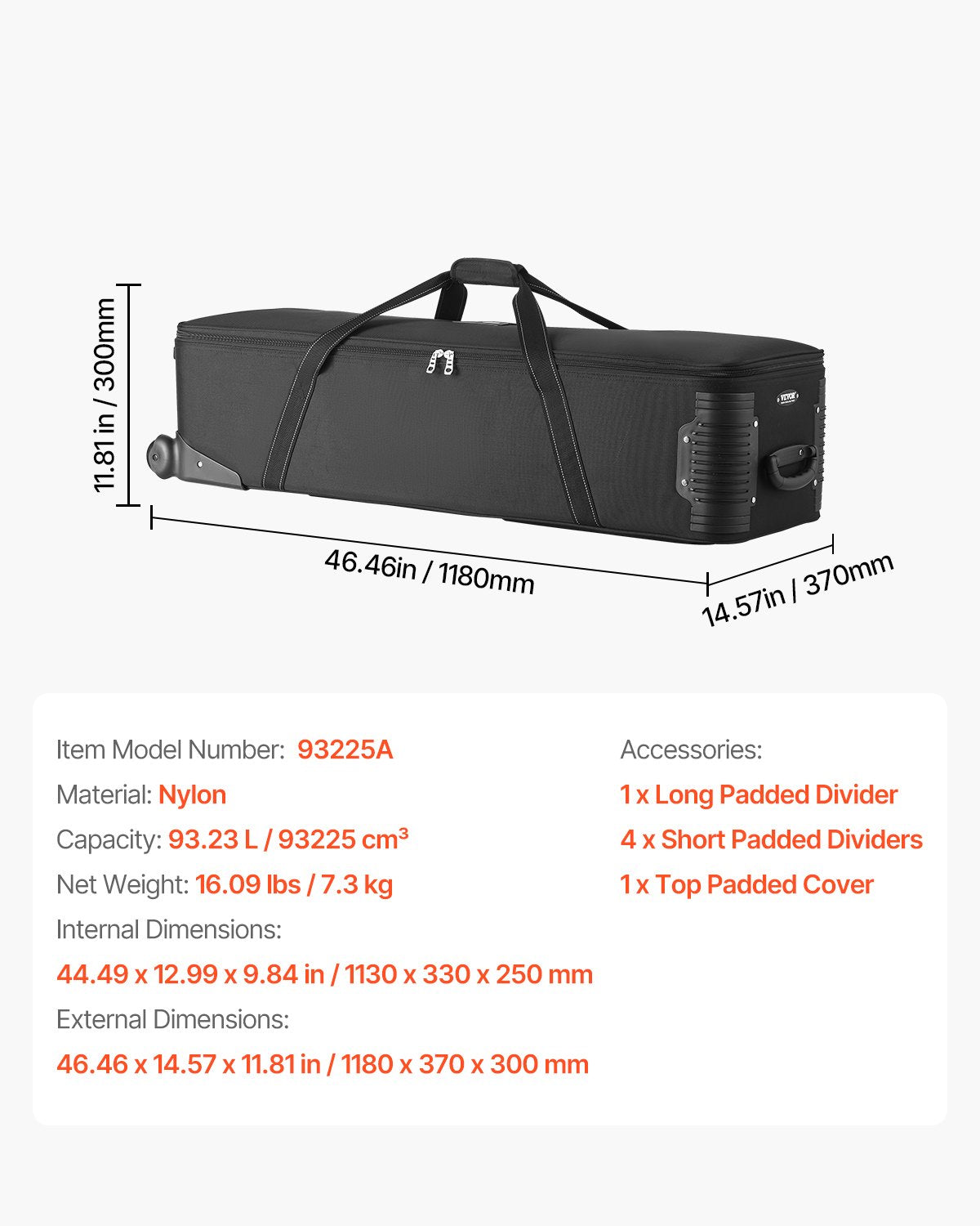 Studio Equipment Trolley Case 46.46 x 14.57 x 11.81 in Rolling Camera Bag