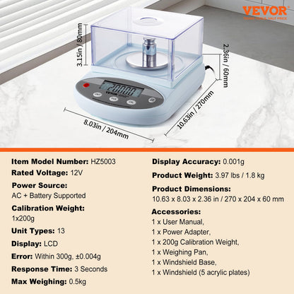Analytical Balance Lab Scale 500g x 0,001g 13 enheter med vindruta LCD