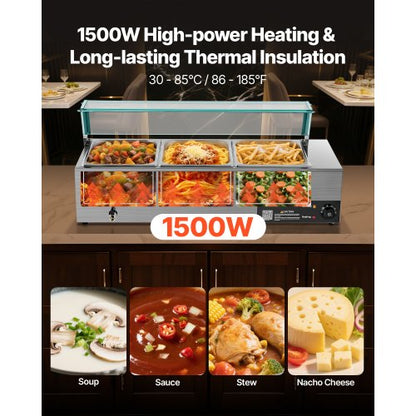 Commercial Food Warmer with 3 Pans, 1500W, Buffet Water Heater with Glass Lid | EU