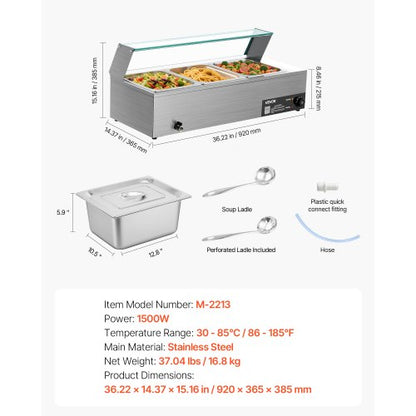 Commercial Food Warmer with 3 Pans, 1500W, Buffet Water Heater with Glass Lid | EU