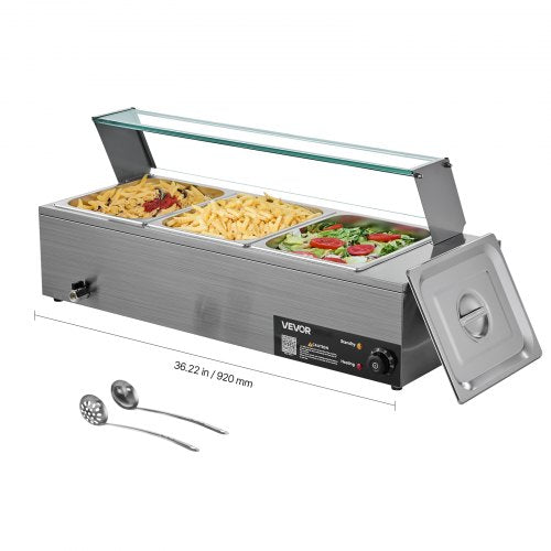 Commercial Food Warmer with 3 Pans, 1500W, Buffet Water Heater with Glass Lid | EU