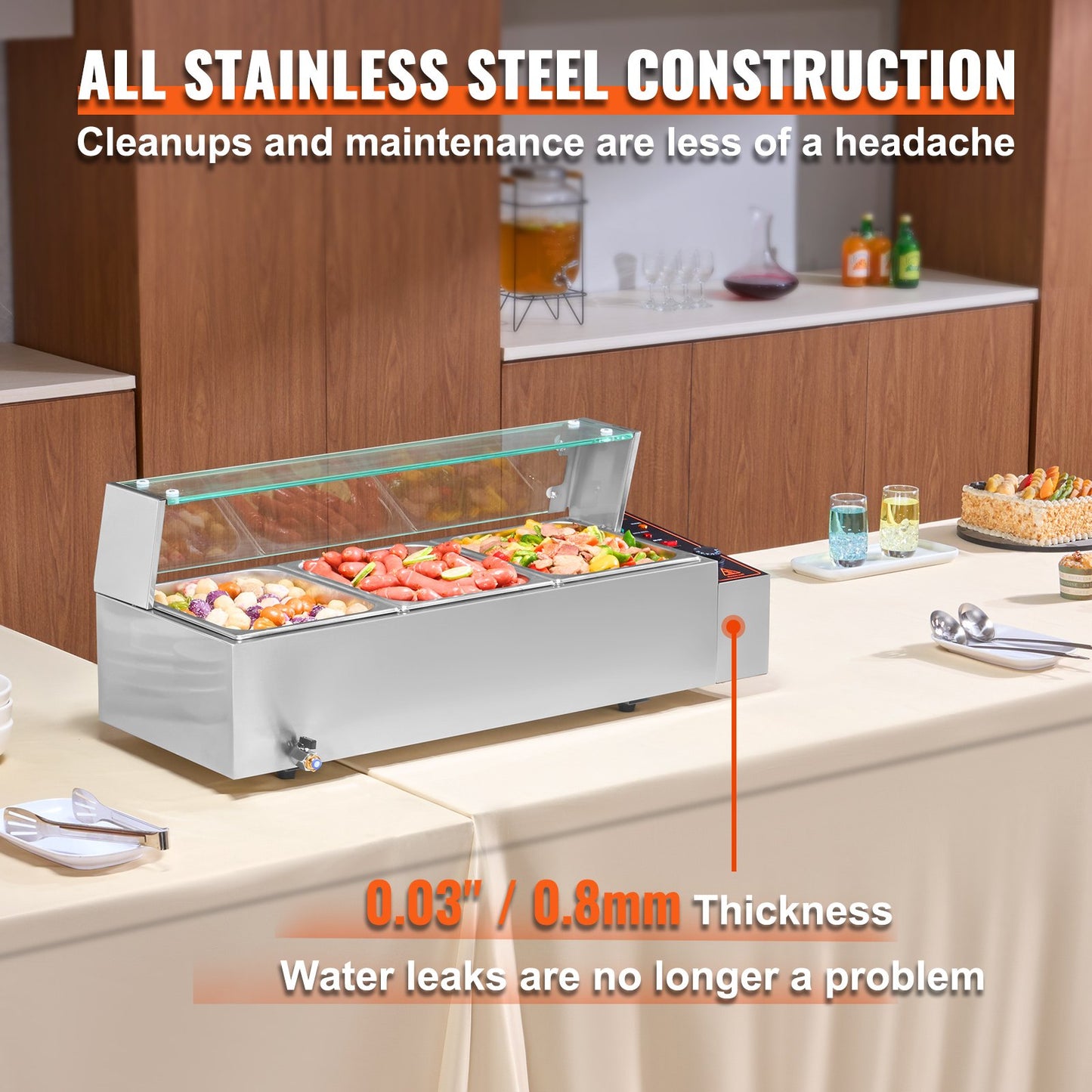 Kommerzieller elektrischer Speisenwärmer für die Arbeitsplatte, Buffet, 3 x 8 Qt, mit Glasschild
