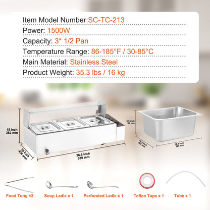 Kommerzieller elektrischer Speisenwärmer für die Arbeitsplatte, Buffet, 3 x 8 Qt, mit Glasschild