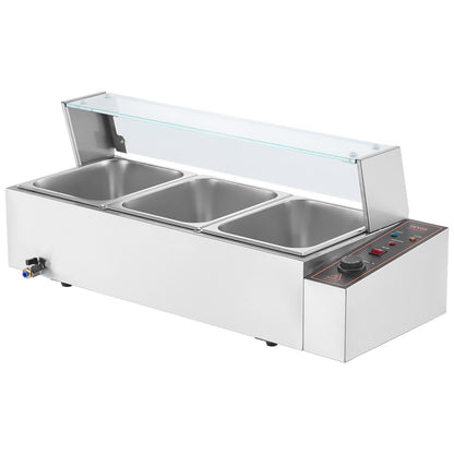 Kommerzieller elektrischer Speisenwärmer für die Arbeitsplatte, Buffet, 3 x 8 Qt, mit Glasschild