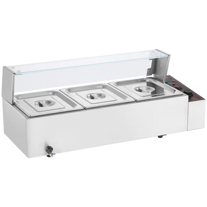 Kommerzieller elektrischer Speisenwärmer für die Arbeitsplatte, Buffet, 3 x 8 Qt, mit Glasschild