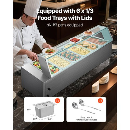 Kommersiell matvärmare 6 x 1/3 storlek pannor buffé bain-marie med glaslock |  EU