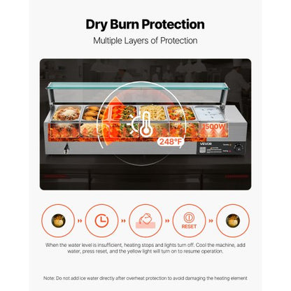 Kommersiell matvärmare 6 x 1/3 storlek pannor buffé bain-marie med glaslock |  EU