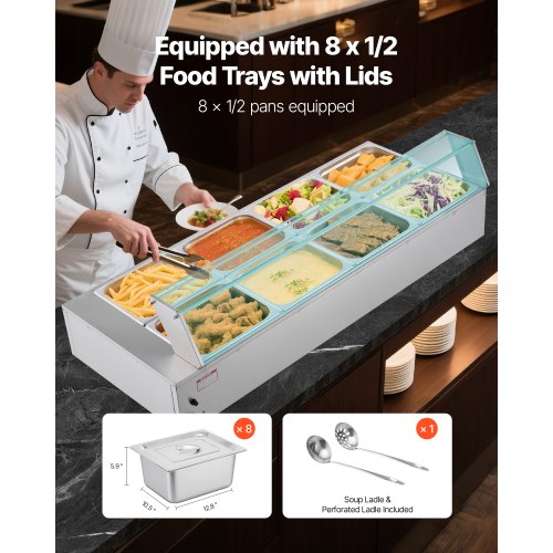Kommersiell matvärmare, 1700W elektrisk ångvärmare i rostfritt stål med glaslock, 8-pannors bänkskiva med buffé i bain-marie med soppa och perforerade slevar, för catering, restaurang och fest |  EU