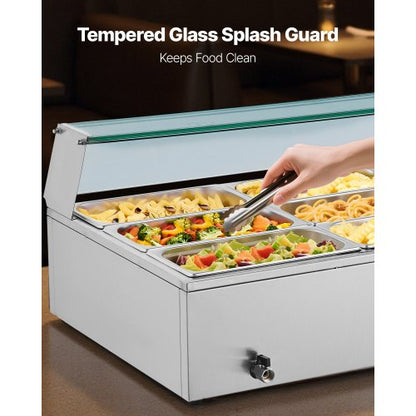 Kommersiell matvärmare, 1500W elektrisk ångvärmare i rostfritt stål med glaslock, 9-pannors bänkskiva med buffébad och perforerade slev, för catering, restaurang och fest |  EU