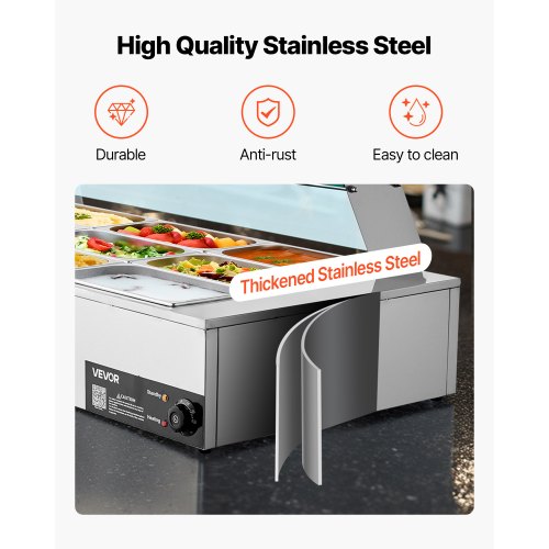 Kommersiell matvärmare, 1500W elektrisk ångvärmare i rostfritt stål med glaslock, 9-pannors bänkskiva med buffébad och perforerade slev, för catering, restaurang och fest |  EU