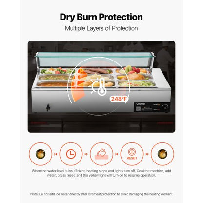 Kommersiell matvärmare, 1500W elektrisk ångvärmare i rostfritt stål med glaslock, 9-pannors bänkskiva med buffébad och perforerade slev, för catering, restaurang och fest |  EU