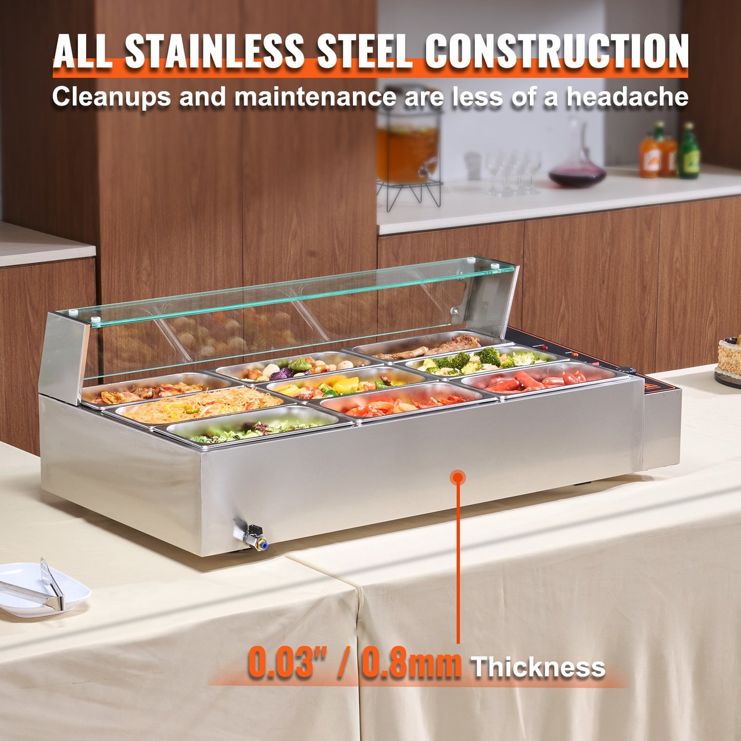 Kommerzieller elektrischer Speisenwärmer für die Arbeitsplatte, Buffet, 9 x 5 Qt, mit Glasschild
