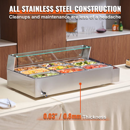 Kommerzieller elektrischer Speisenwärmer für die Arbeitsplatte, Buffet, 9 x 5 Qt, mit Glasschild