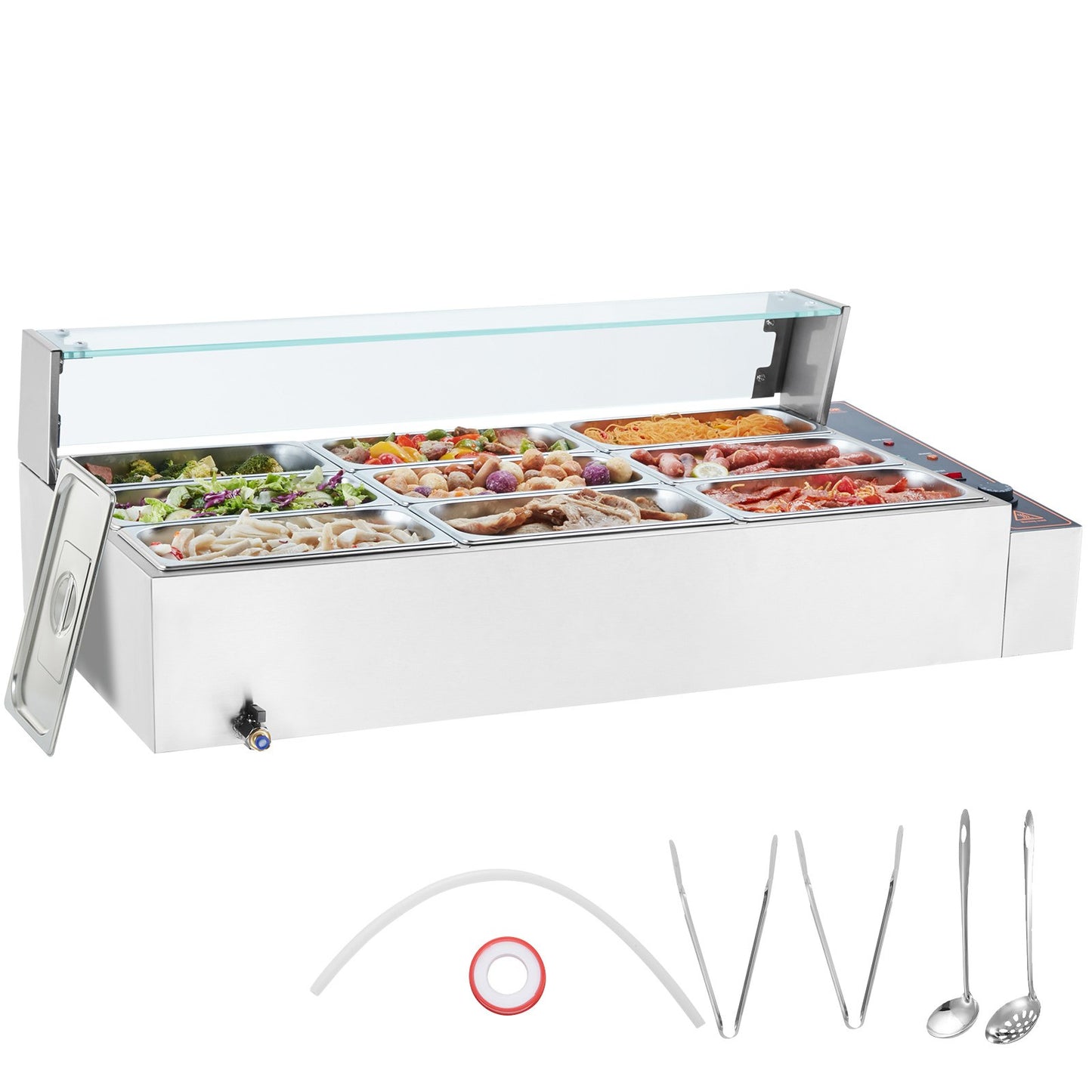 Kommerzieller elektrischer Speisenwärmer für die Arbeitsplatte, Buffet, 9 x 5 Qt, mit Glasschild