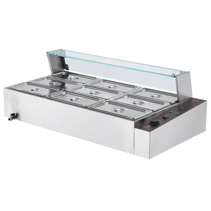 Kommerzieller elektrischer Speisenwärmer für die Arbeitsplatte, Buffet, 9 x 5 Qt, mit Glasschild