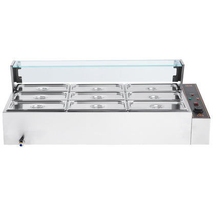 Kommerzieller elektrischer Speisenwärmer für die Arbeitsplatte, Buffet, 9 x 5 Qt, mit Glasschild
