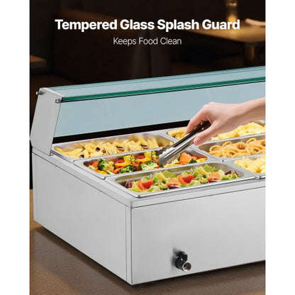 Kommersiell matvärmare, 1700W elektrisk ångvärmare i rostfritt stål med glaslock, 12-pannors bänkbuffé med bain-marie, soppa och perforerade slevar, för catering, restaurang och fest |  EU