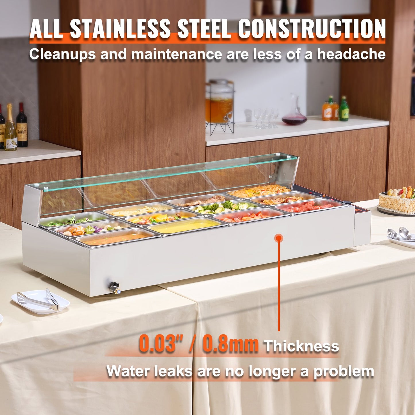 Kommerzieller elektrischer Speisenwärmer für die Arbeitsplatte, Buffet, 12 x 5 Qt, mit Glasschild