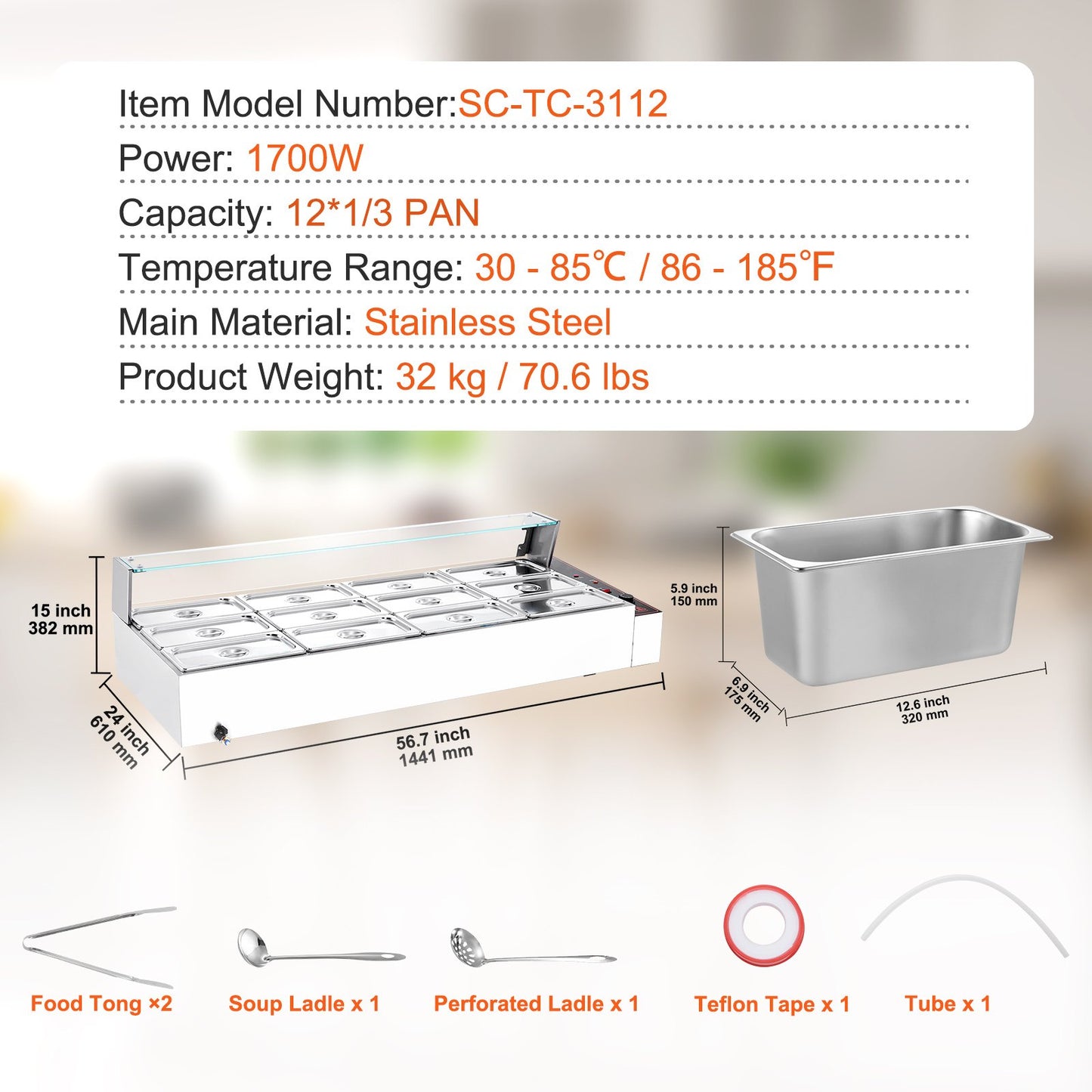 Kommerzieller elektrischer Speisenwärmer für die Arbeitsplatte, Buffet, 12 x 5 Qt, mit Glasschild