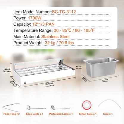 Kommerzieller elektrischer Speisenwärmer für die Arbeitsplatte, Buffet, 12 x 5 Qt, mit Glasschild