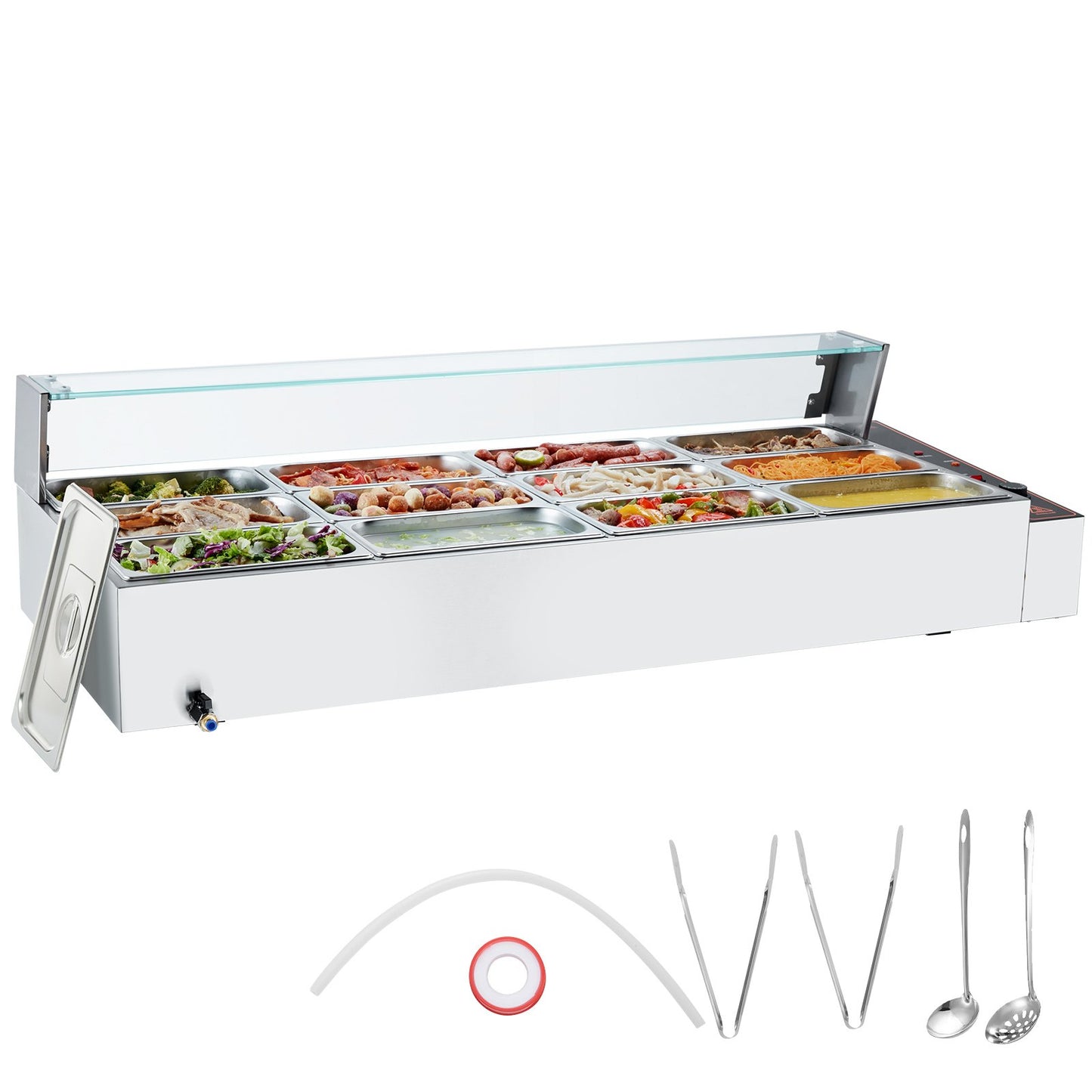 Kommerzieller elektrischer Speisenwärmer für die Arbeitsplatte, Buffet, 12 x 5 Qt, mit Glasschild