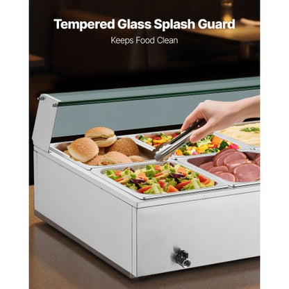 Kommersiell matvärmare, 1700W elektrisk ångvärmare i rostfritt stål med glaslock, 10-pannors bänkbuffé med vattenbad, soppa och perforerade slevar, för catering, restaurang och fest |  EU