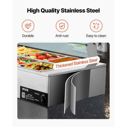 Kommersiell matvärmare, 1700W elektrisk ångvärmare i rostfritt stål med glaslock, 10-pannors bänkbuffé med vattenbad, soppa och perforerade slevar, för catering, restaurang och fest |  EU