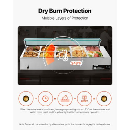 Kommersiell matvärmare, 1700W elektrisk ångvärmare i rostfritt stål med glaslock, 10-pannors bänkbuffé med vattenbad, soppa och perforerade slevar, för catering, restaurang och fest |  EU