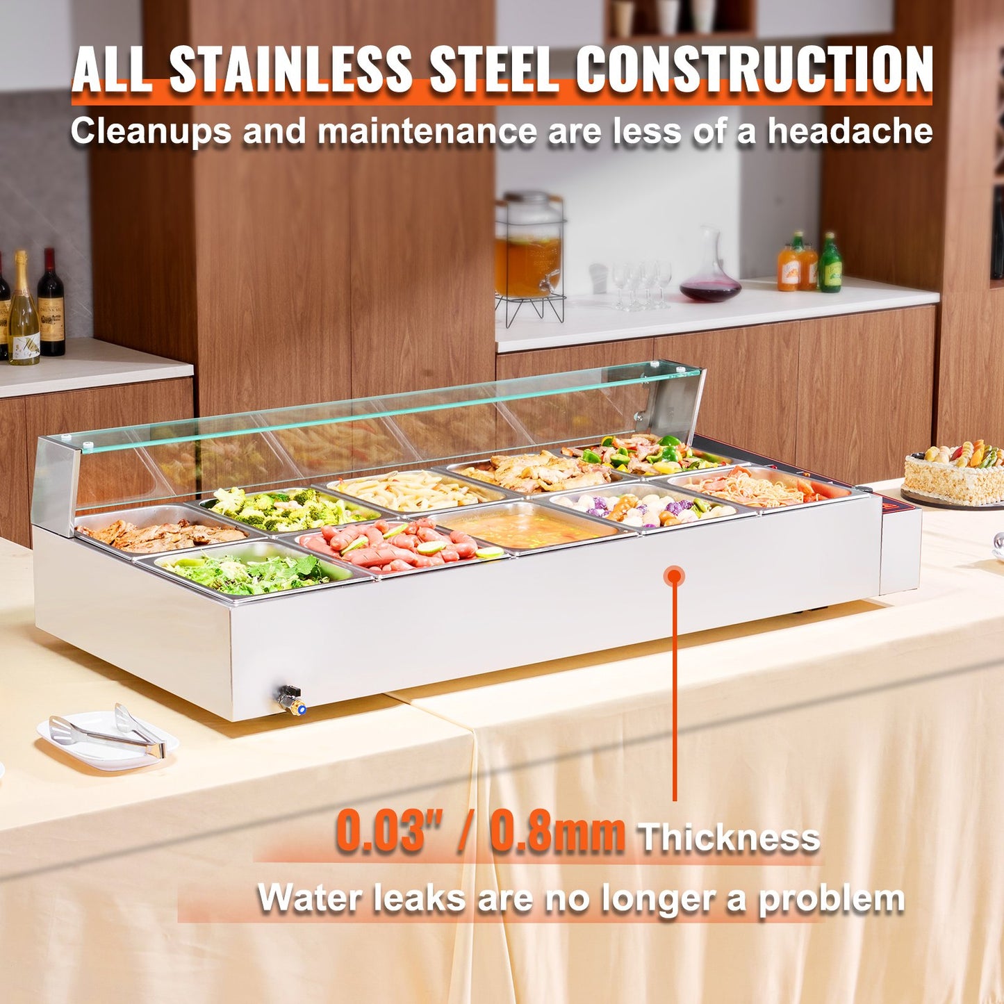 Kommerzieller elektrischer Speisenwärmer für die Arbeitsplatte, Buffet, 10 x 8 Qt, mit Glasschild