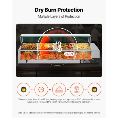 Kommersiell matvärmare, 1500W elektrisk ångvärmare i rostfritt stål med glaslock, bänkskiva med 4 bänkskivor, buffé med vattenbad, soppa och perforerade slevar, för catering, restaurang och fest |  EU