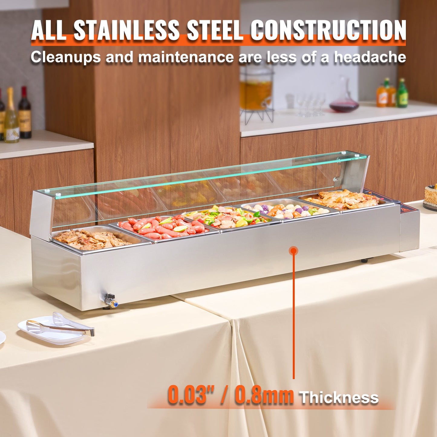 Kommerzieller elektrischer Speisenwärmer für die Arbeitsplatte, Buffet, 5 x 8 Qt, mit Glasschild