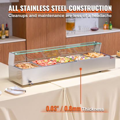 Kommerzieller elektrischer Speisenwärmer für die Arbeitsplatte, Buffet, 5 x 8 Qt, mit Glasschild
