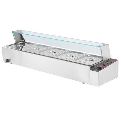 Kommerzieller elektrischer Speisenwärmer für die Arbeitsplatte, Buffet, 5 x 8 Qt, mit Glasschild