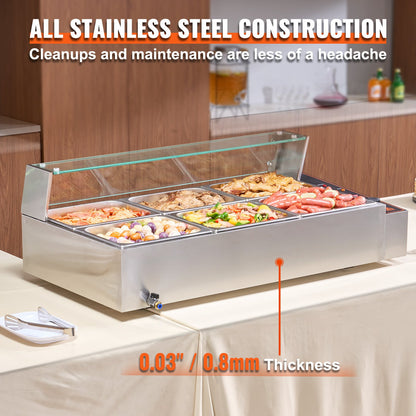 Kommerzieller elektrischer Speisenwärmer für die Arbeitsplatte, Buffet, 6 x 8 Qt, mit Glasschild