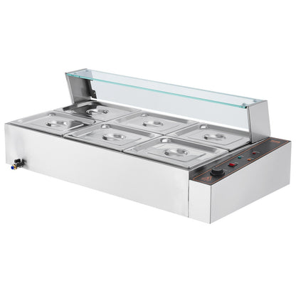 Kommerzieller elektrischer Speisenwärmer für die Arbeitsplatte, Buffet, 6 x 8 Qt, mit Glasschild