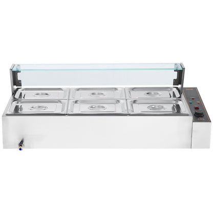 Kommerzieller elektrischer Speisenwärmer für die Arbeitsplatte, Buffet, 6 x 8 Qt, mit Glasschild