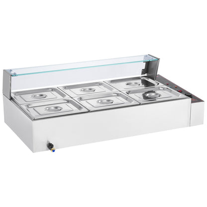 Kommerzieller elektrischer Speisenwärmer für die Arbeitsplatte, Buffet, 6 x 8 Qt, mit Glasschild
