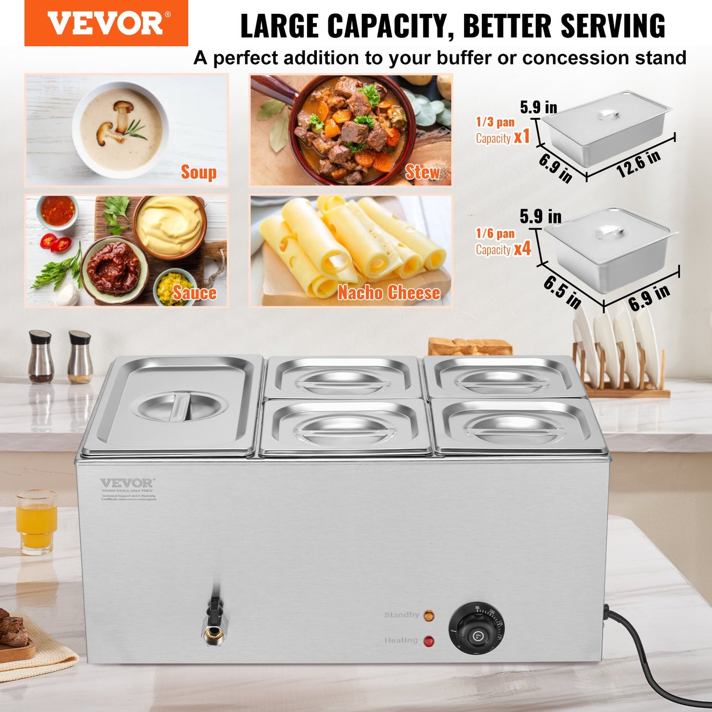 Commercial Electric Food Warmer 5-Pan Bänkskiva Buffé 14,5L Bain Marie