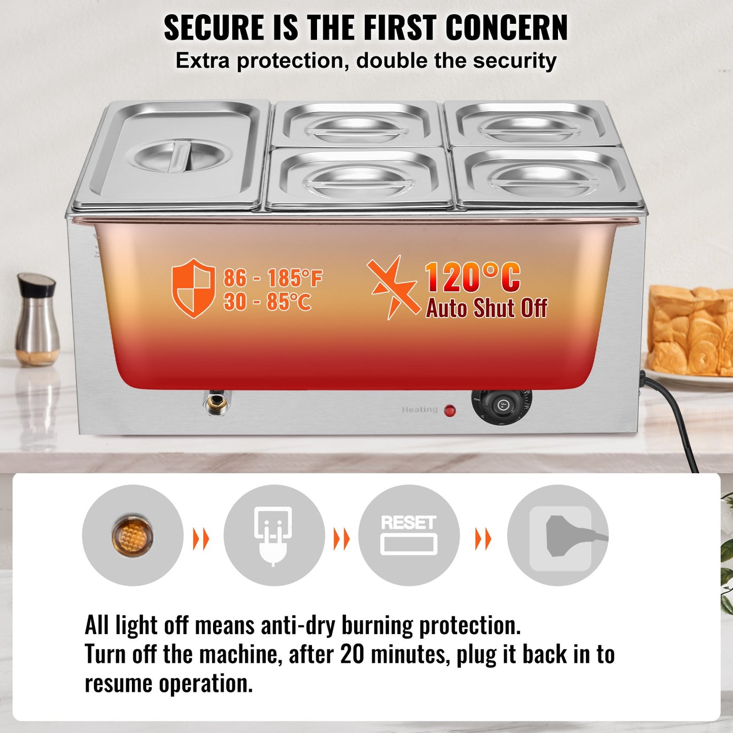 Commercial Electric Food Warmer 5-Pan Bänkskiva Buffé 14,5L Bain Marie