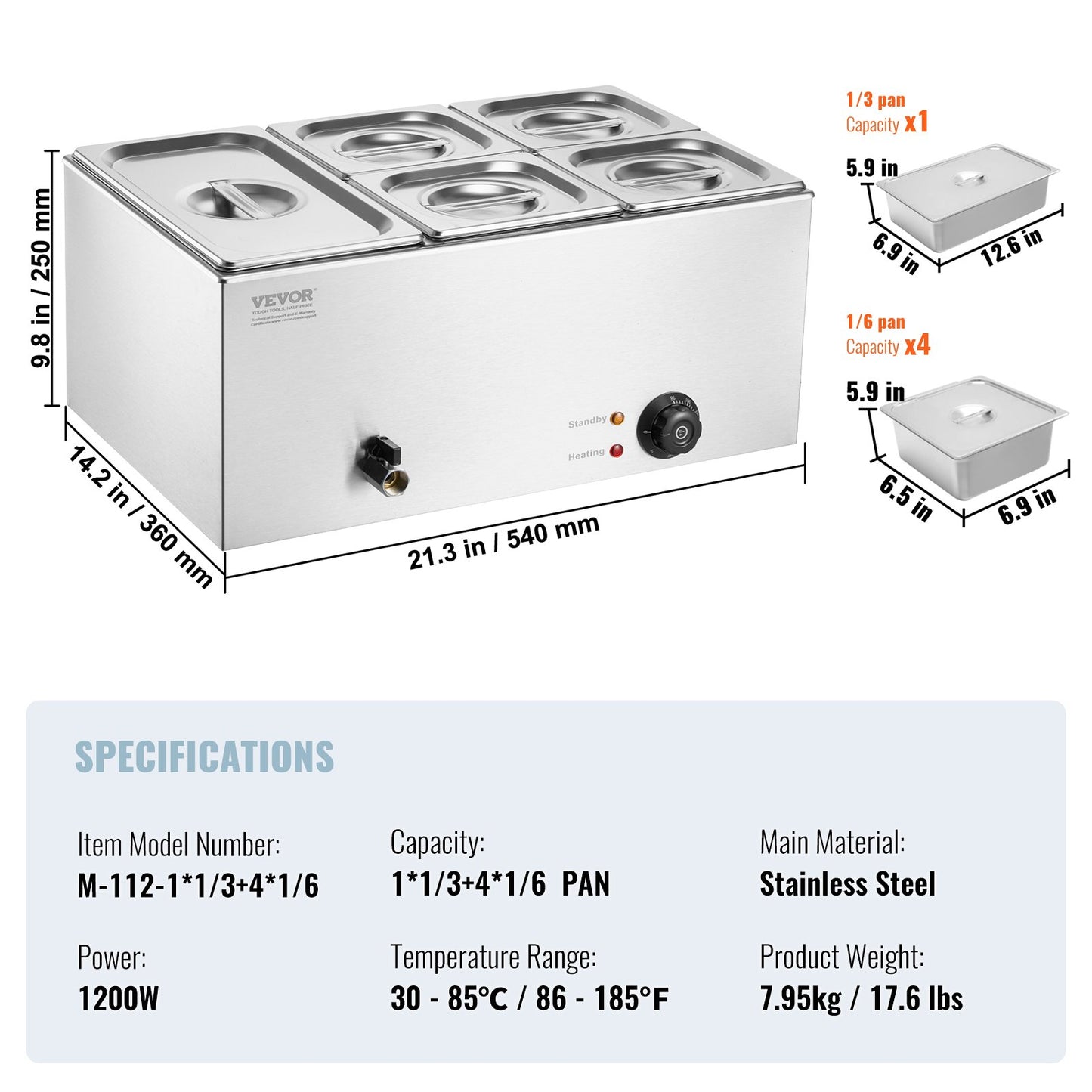 Commercial Electric Food Warmer 5-Pan Bänkskiva Buffé 14,5L Bain Marie