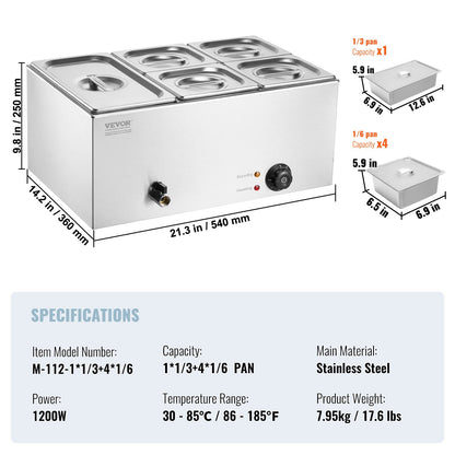 Commercial Electric Food Warmer 5-Pan Bänkskiva Buffé 14,5L Bain Marie