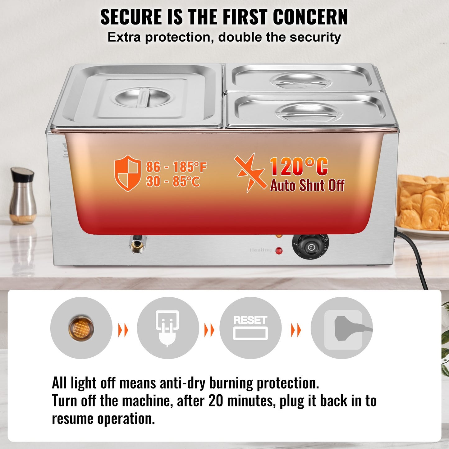 Commercial Electric Food Warmer 3-Pannen Bänkskiva Buffé 16L Bain Marie