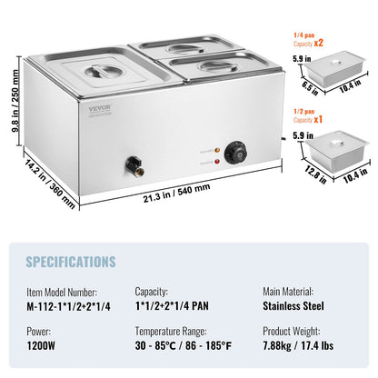 Commercial Electric Food Warmer 3-Pannen Bänkskiva Buffé 16L Bain Marie