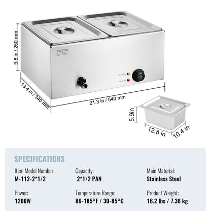 Commercial Electric Food Warmer 2-Pannen Bänkskiva Buffé 17L Bain Marie