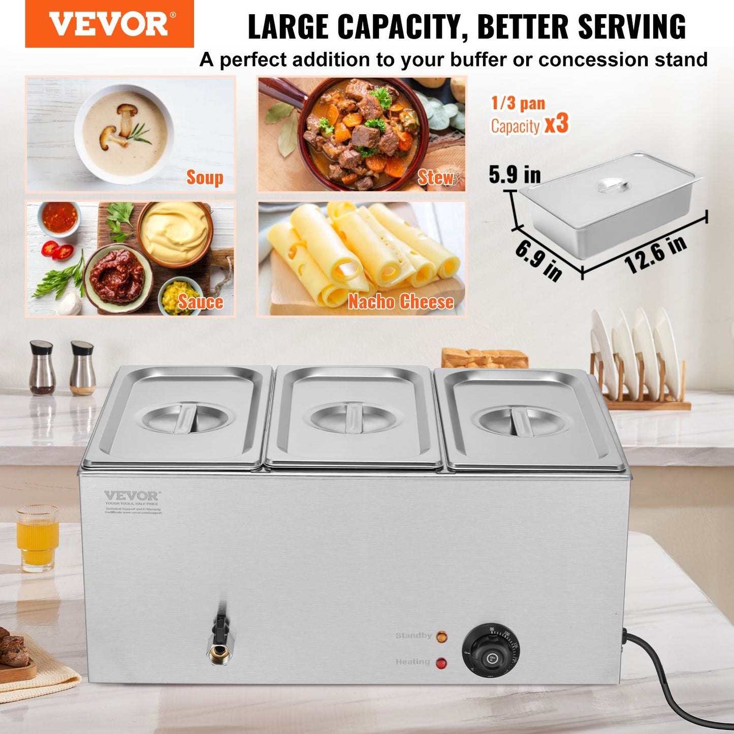 Commercial Electric Food Warmer 3-Pannen Bänkskiva Buffé 16,5L Bain Marie